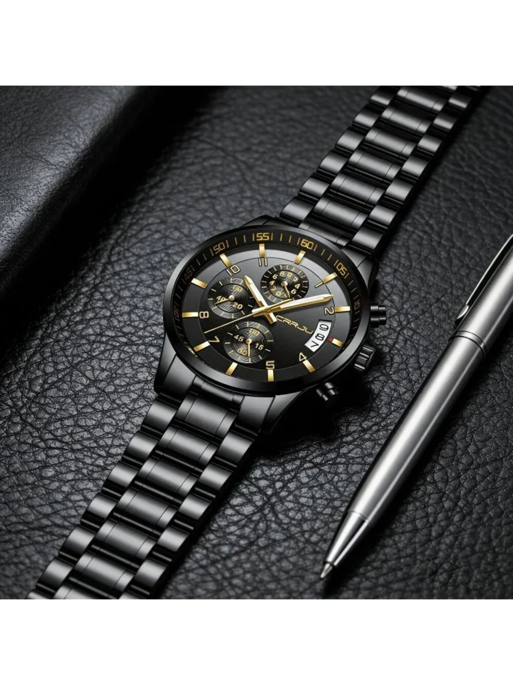 Men's Black And Gold Analog Stainless Steel Waterproof Chronograph Wrist Watch